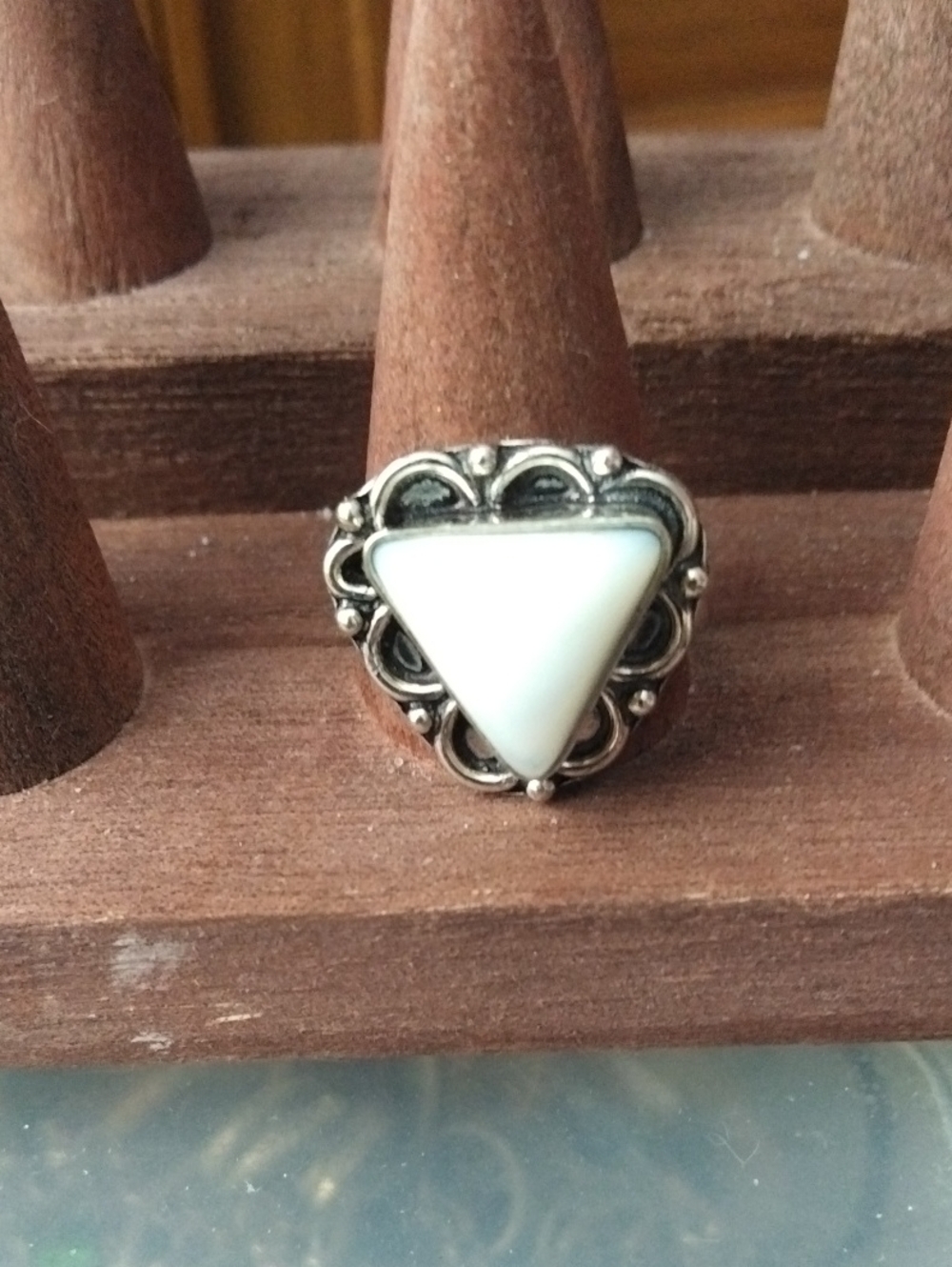 White Agate Triangle Stone Silver Ring